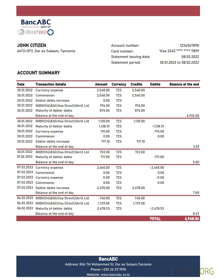 Relevé bancaire BancABC en Tanzanie